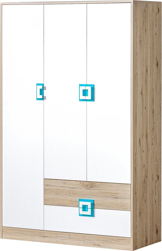 Furniture24 Kleiderschrank NICO 01, 3 Türiger Drehtürenschrank, Schrank mit 2 Schubfächern, 4 Einlegeboden und Kleiderstange Hell Eiche/Weiß/T...