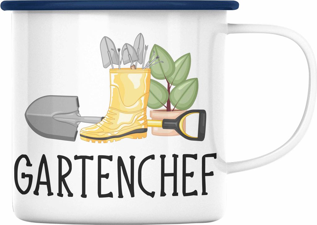 Trendation - Gartenchef Emaille Tasse Geschenk Gärtner Gartenarbeit Hobby Garten Emaille Emaille Tasse Hobbygärtner Lustig (Blau)