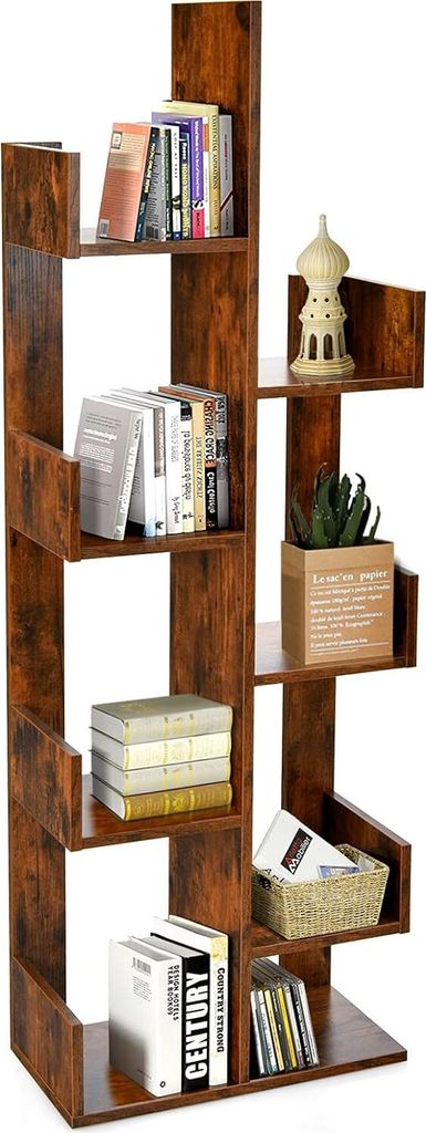 GOPLUS Bücherregal mit 8 fächern, Baumförmiges Standregal, Aufbewahrungregal Raumteiler Regal für Wohnzimmer & Büro, 50 x 25 x 145 cm (Braun)