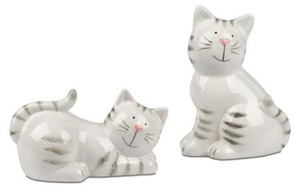 2er Set Dekofiguren Katzen sitzend und liegend weiß grau 17cm