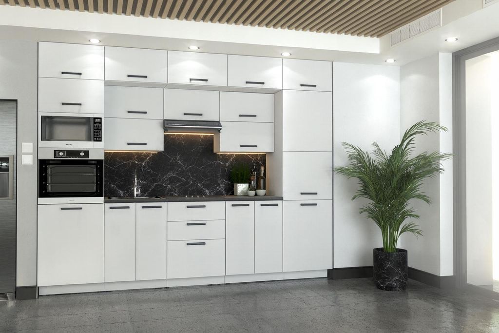 ULWEHOME Küchenmöbel Küchenmöbel-Set Neapol 300 cm|Unterschrank-Arbeitsplatte-Hochschrank für Backofen und Mikrowelle-Vorratsschrank-Regal|Mat...