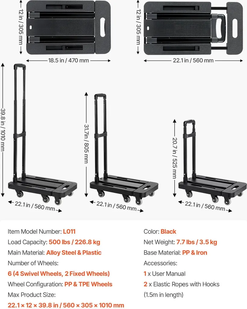 Carrello manuale pieghevole, design ripiegabile, capacità di carico 500 libbre, 500 libbre