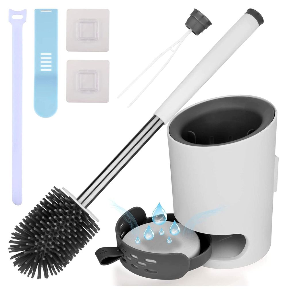 Toilettenbürste aus Silikon mit Halter Set, antibakteriell, schnelltrocknend, ohne Bohren, Edelstahlgriff für Badezimmer und Küche