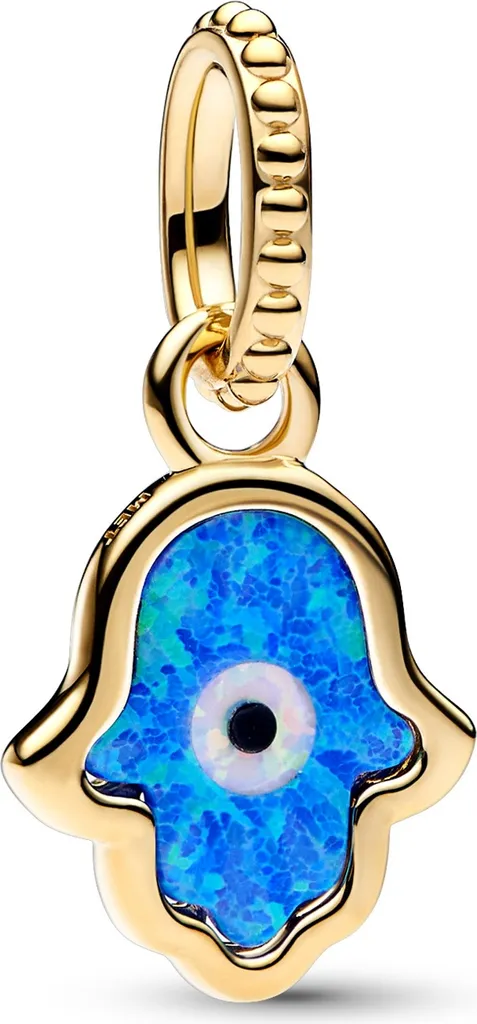 Pendentif Pandora bleu irisé Main de Fatima doré à l'or fin 14k