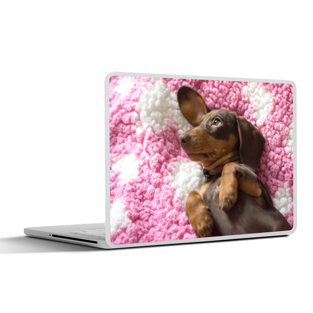 MuchoWow Laptop Aufkleber Sticker Cover Ein Dackelwelpe auf einer rosa Decke 40x30 cm - Laptop Dekoration - Selbstklebend