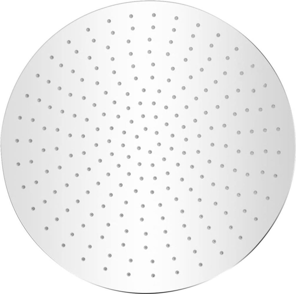 A close-up, top-down view of a round, silver shower head with many small holes.