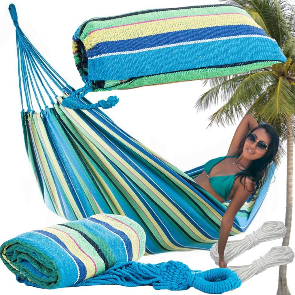 Schaukelndes Baumwoll-Faltnetz, grün-gelb-blau, 260x80cm Produktbild 