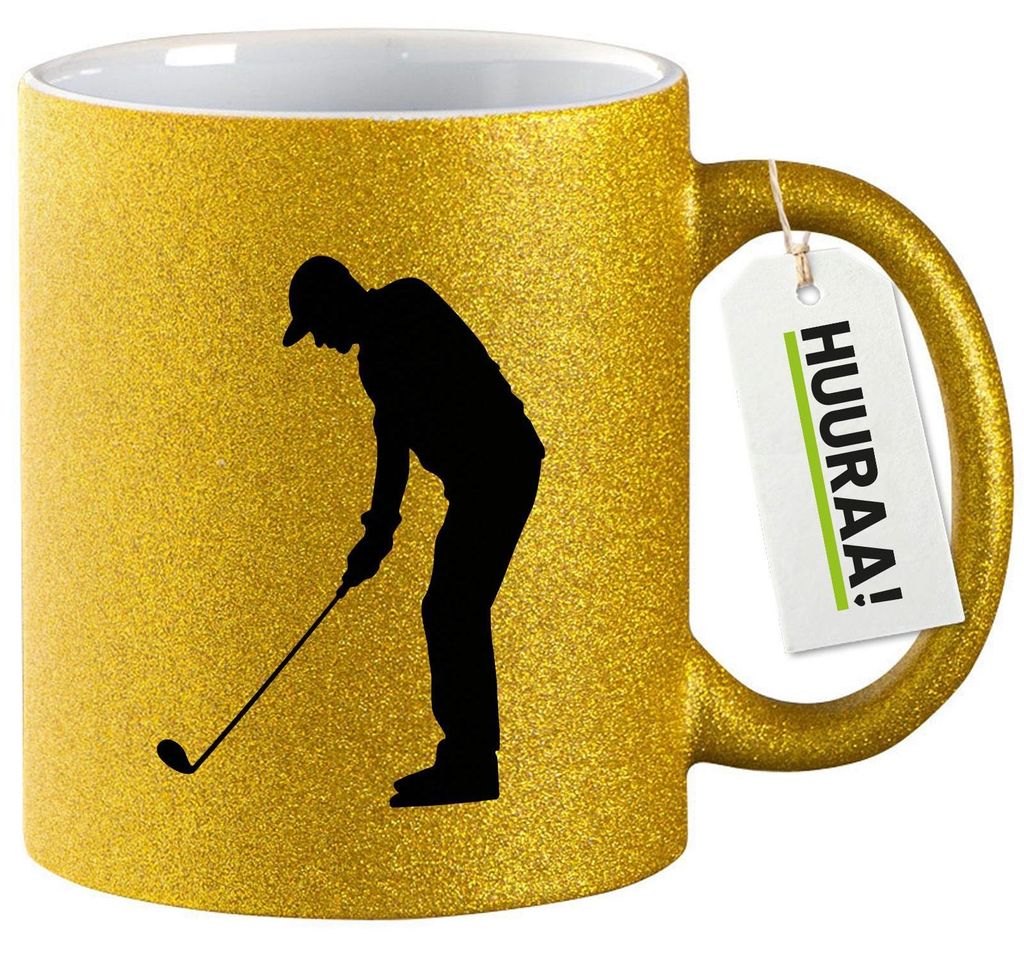 Huuraa Glitzertasse Golf Silhouette 330ml Gold Keramik Kaffeebecher Geschenkidee