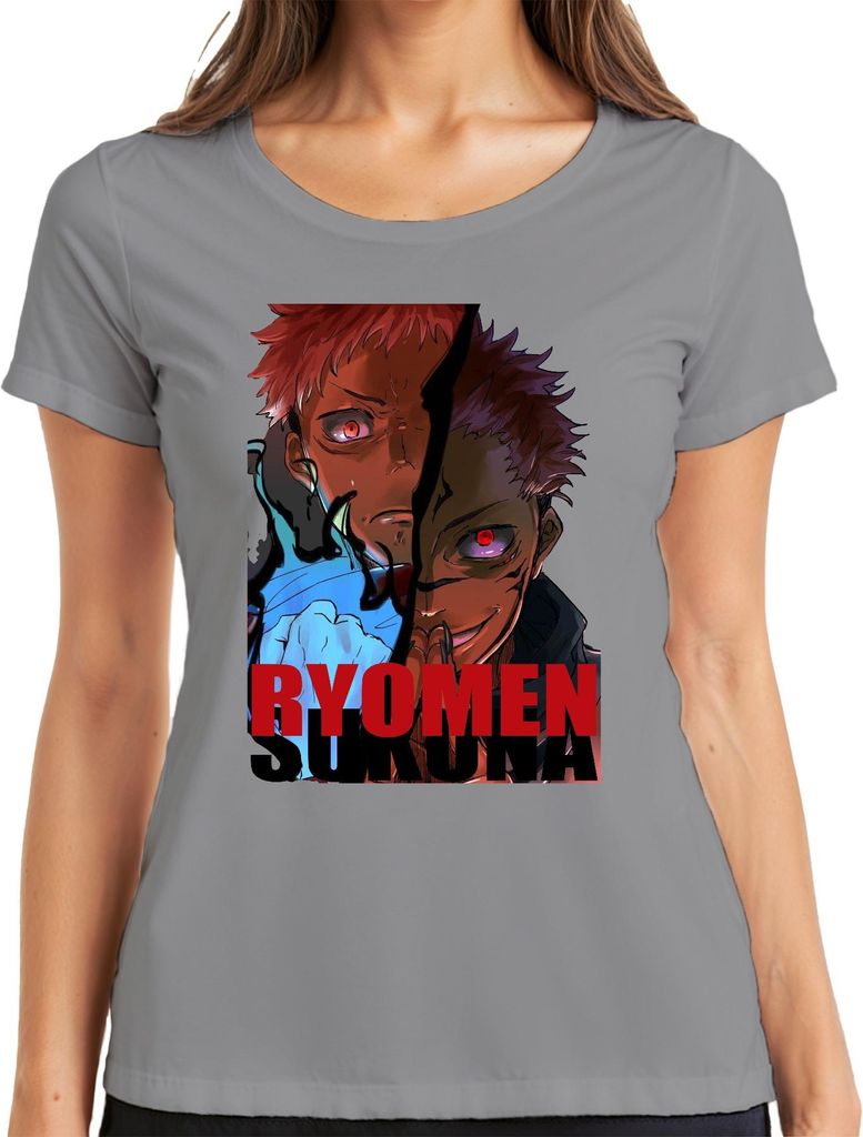 Ryomen Sukuna JujutsuKaisen Dämon rote Augen Anime gruselig Fan Damen T-Shirt, Grau, 3XL