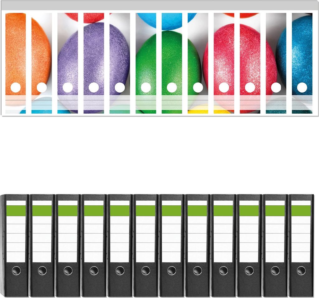 Wallario 12 Stück breite Ordner inkl. Klebeetiketten mit Motive Bunte Oster-Eier in Nahaufnahme mit kräftigen Farben - Set mit Rückenschildern ...