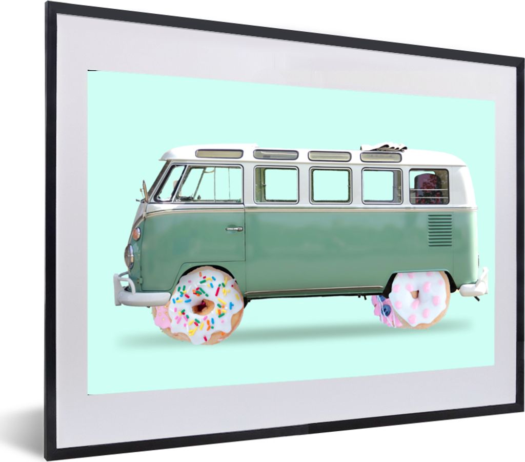 MuchoWow Gerahmtes Poster Donuts - Lieferwagen - Auto - Grün 60x40 cm - Poster mit Schwarzem Bilderrahmen Wandposter Rahmen Foto Bilder - Schlaf...