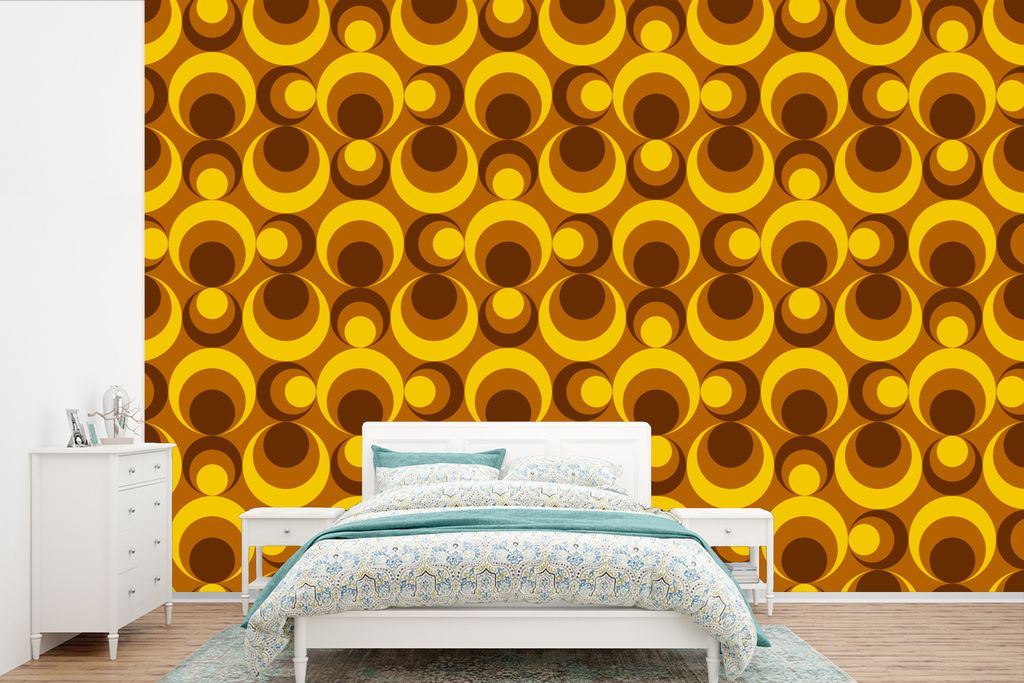 MuchoWow Fototapete für Wohnzimmer oder Schlafzimmer Wandtapete Vinyl Motivtapete Muster - Retro - Braun - Gelb - 360x240 cm - Vinyl-Tapete