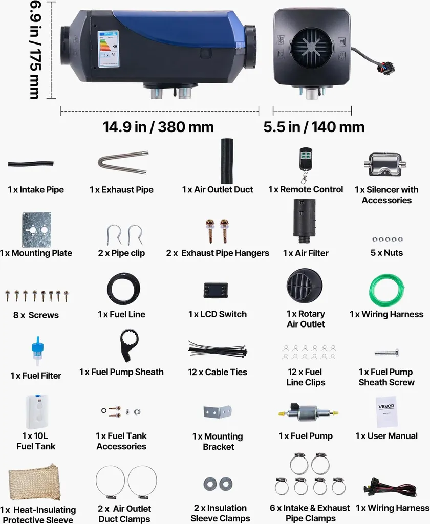 VEVOR riscaldatore diesel riscaldatore d'aria 8 kW DC 12 V/24 V riscaldatore di parcheggio portatile con telecomando e schermo LCD, basso livello di rumore, 10 L serbatoio di carburante per camion camper - 7