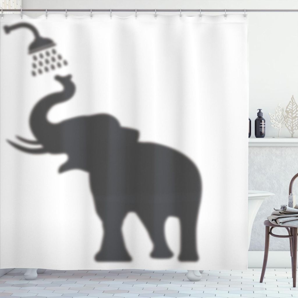 ABAKUHAUS Elefant Duschvorhang, Elephant unter der Dusche Baden in der Badewanne Shadow Funny Art Print Humor Design, 175 x 220 cm, Weiß grau