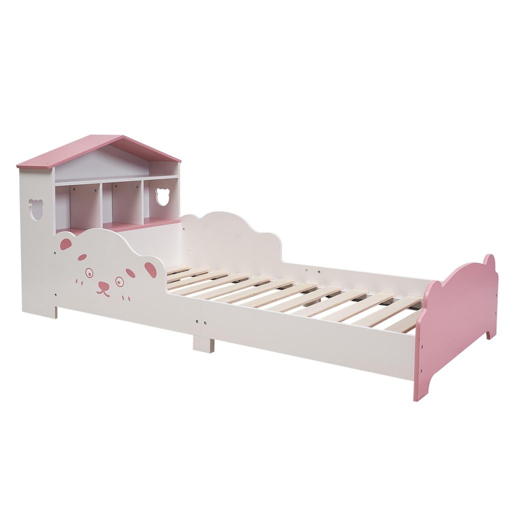 Hausform Kinderbett Weiß-Rosa mit Bücherregal, Produktbild 