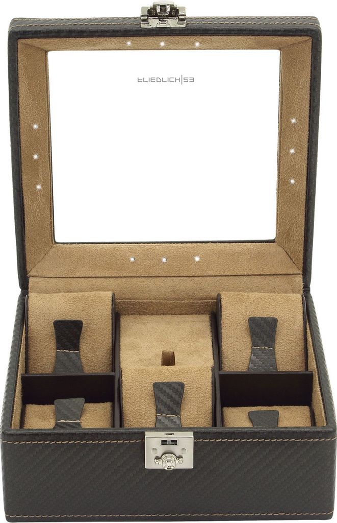 LED-Uhrenkasten – Für 5 Uhren – 12 LED-Spots – Ein-/Ausschalter – Uhrenkissen – Material: Feinsynthetik/Velours – BRAUN – Maße: 18 ...