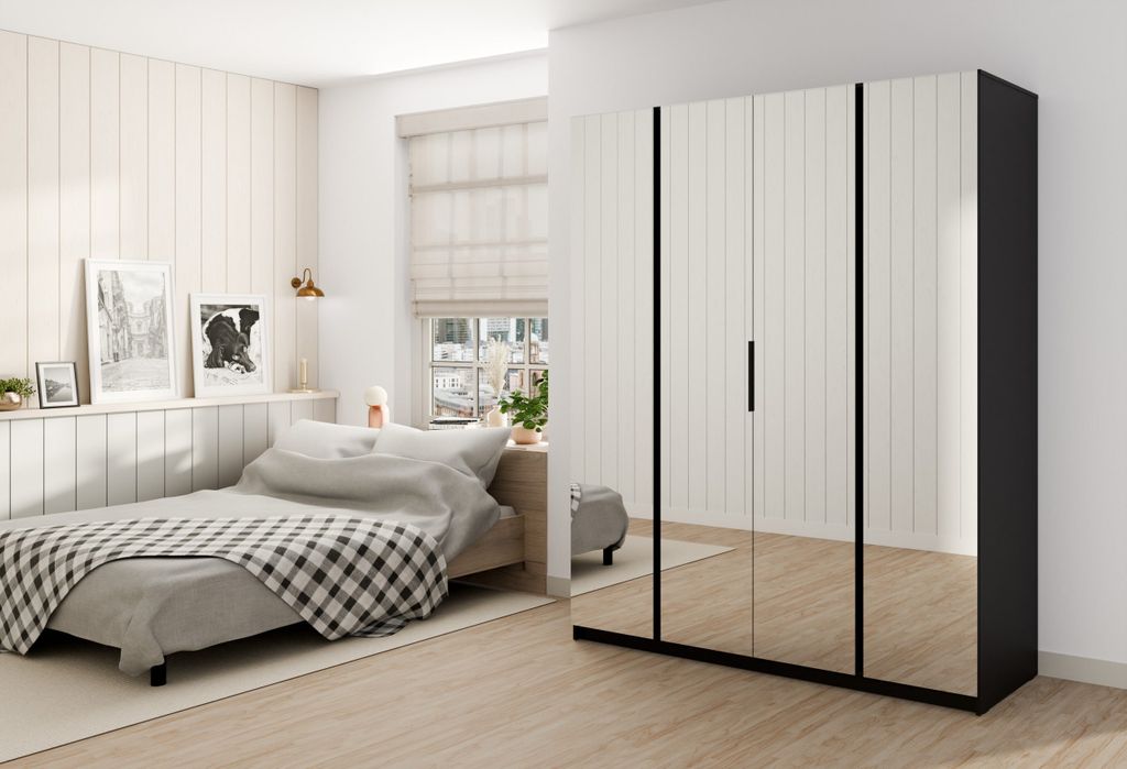 Geräumiger Kleiderschrank KAYA XIII 200 cm mit großem Spiegel für Schlafzimmer, Korridor (Farbe: schwarz+eiche Evoke)
