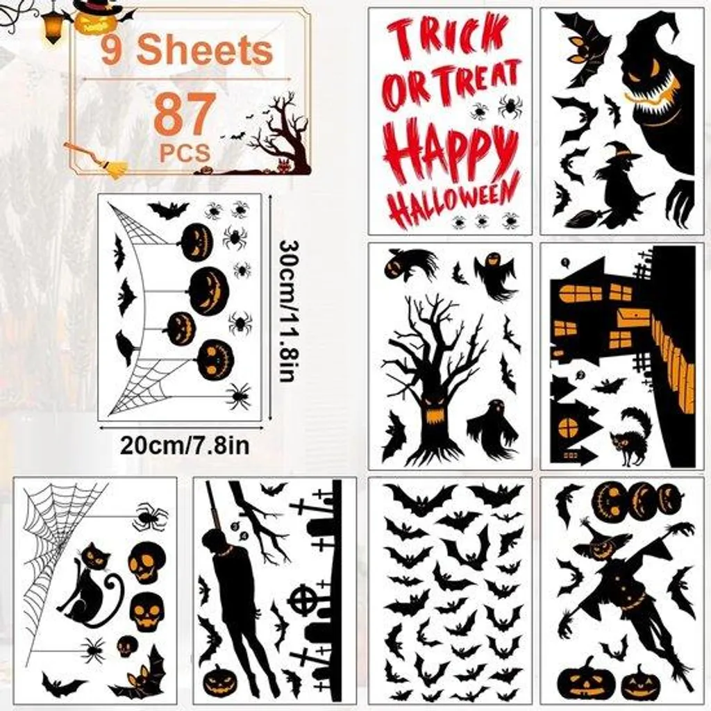 Autocollants Halloween pour fenêtres : déco PVC orange et vert, 87p