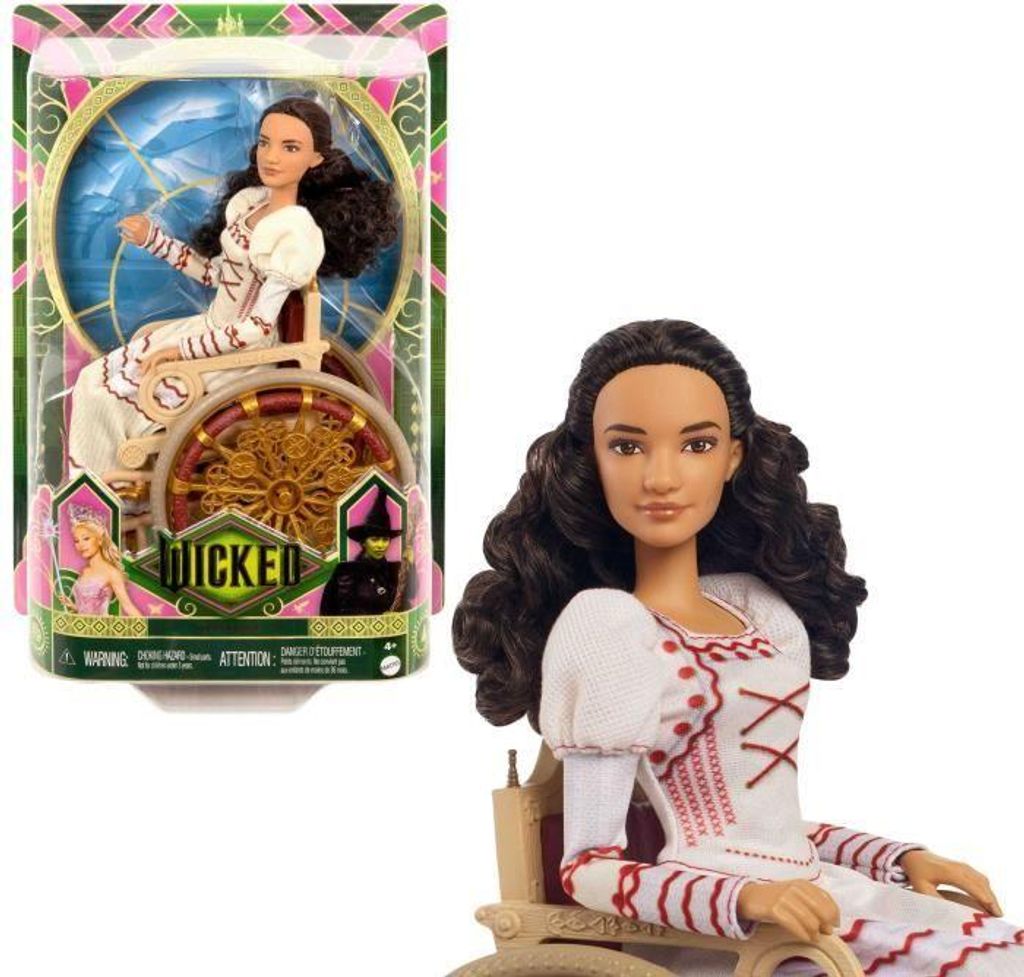 Poupée Nessarose Wicked, Tenue et Accessoires, Fauteuil Roulant Doré, Cheveux Bruns Bouclés, HXY36