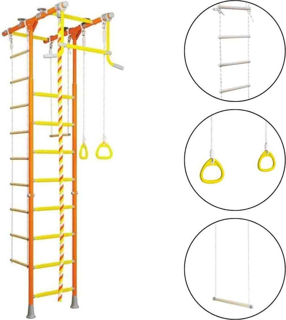 Sprossenwand für Kinder Indoor Klettergerüst aus Metall mit Gymnastikschaukel und Strickleiter – Comet 1, orange