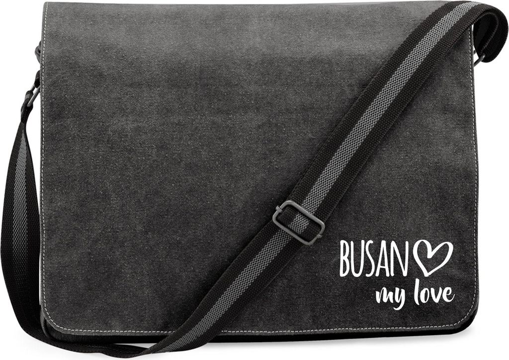 Huuraa Umhängetasche Busan my love 14 Liter Black Canvas Laptoptasche Geschenkidee