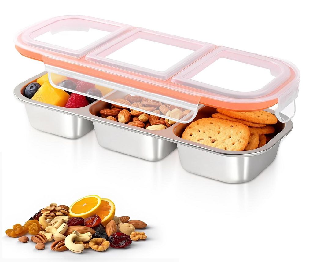 Snackbox mit 3 Fächern, 600 ml Edelstahl-Snackbehälter mit auslaufsicheren Deckeln, wiederverwendbare Lunchbox für Kinder und Erwachsene