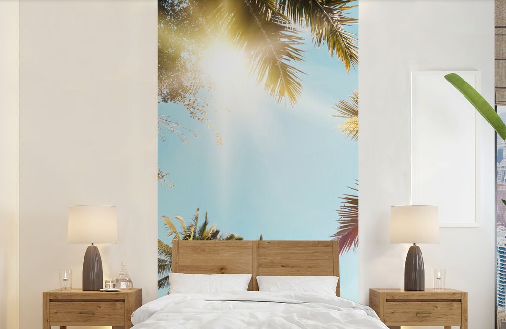 MuchoWow Fototapete für Wohnzimmer oder Schlafzimmer Wandtapete Vinyl Motivtapete Palmen - Blau - Sonne - Natur - Sommer - 120x240 cm - Hintergr...