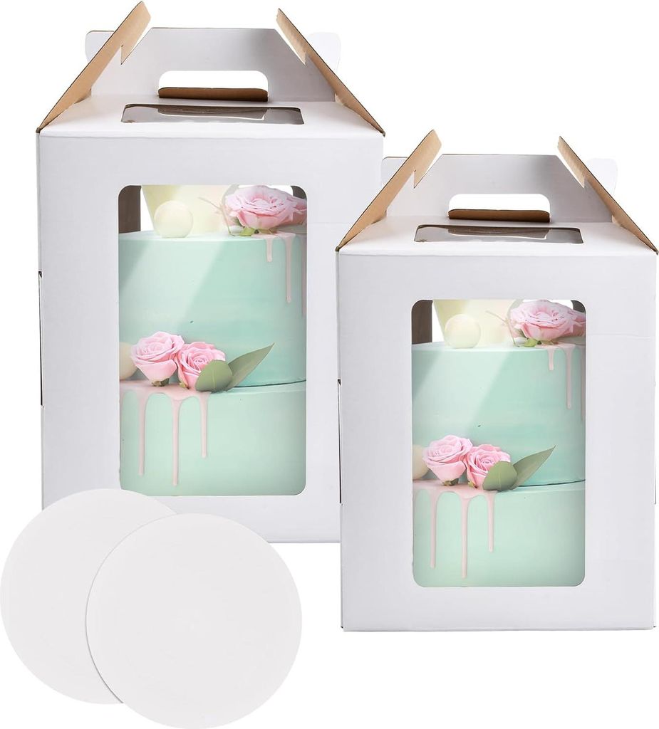 2 Stück Kuchenboxen mit 2 Kuchenplatten - 25 x 25 x 30 cm - hohe Kuchenhalterung mit Fenster - stabile Kuchenbox für Hochzeitsfeiern - Kuchenverp...