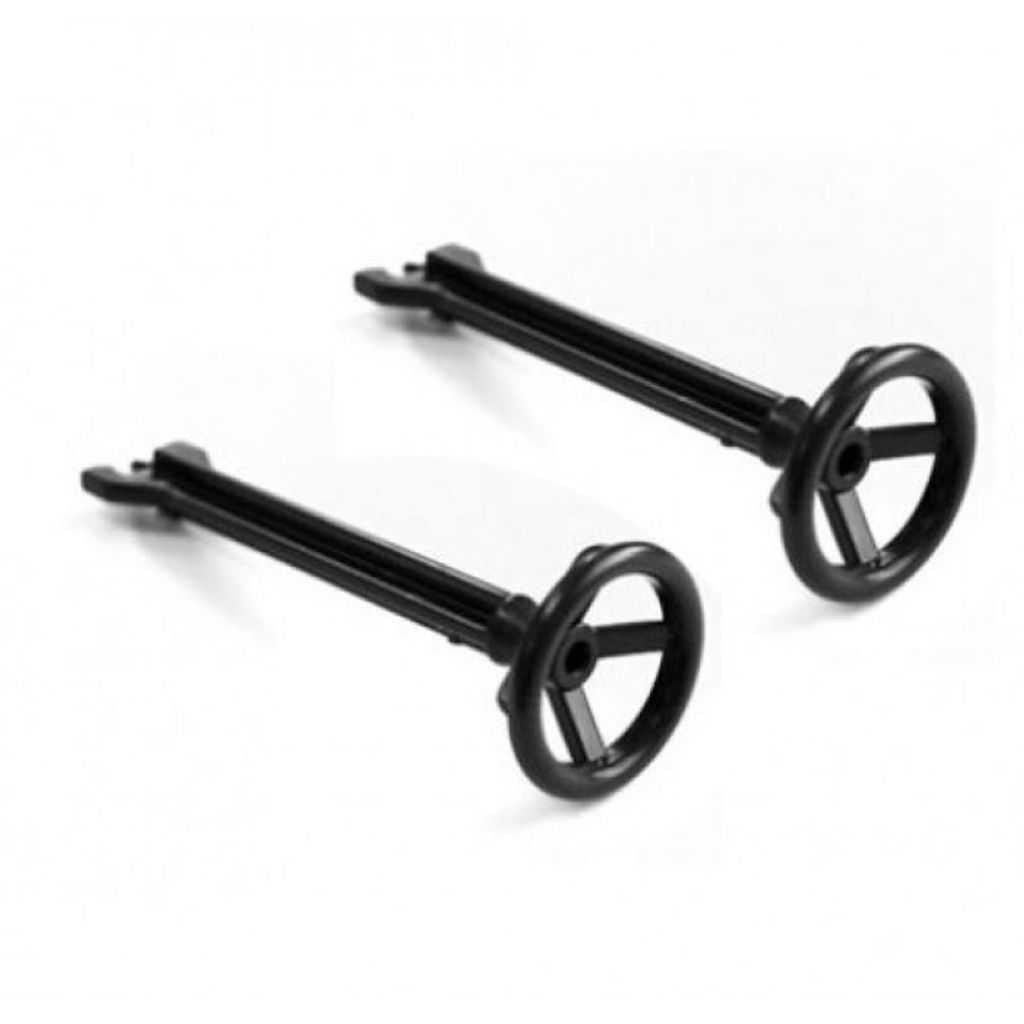 Two black steering wheel accessories for a toy vehicle, placed on a white background.