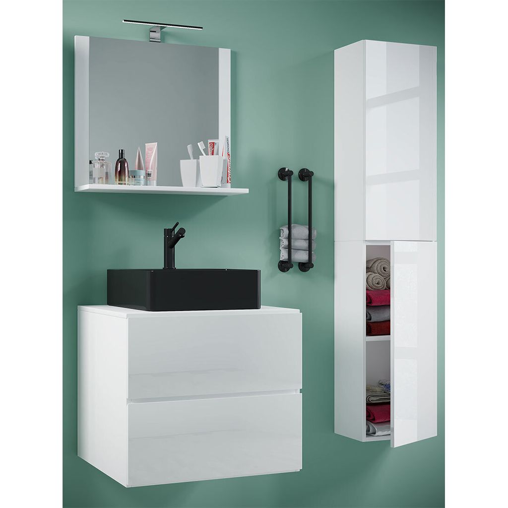 VCM 4-tlg. Waschplatz Waschtisch | schwarzes Waschbecken Unterschrank Breite 60 cm | Badmöbel Set mit Schubladen Drehtüren Spiegel | Lendas S BL