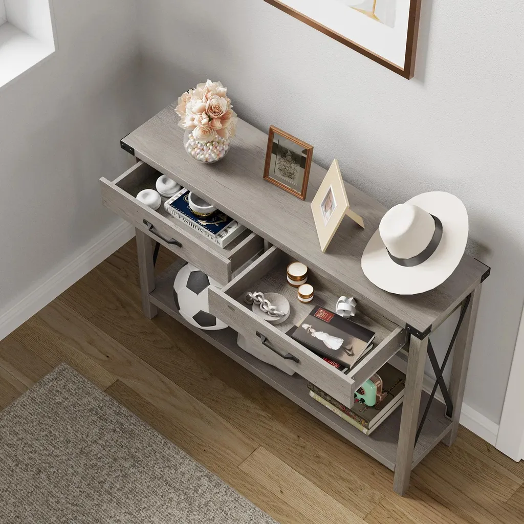 Console en bois gris clair à double étagère et tiroirs style rétro - 3