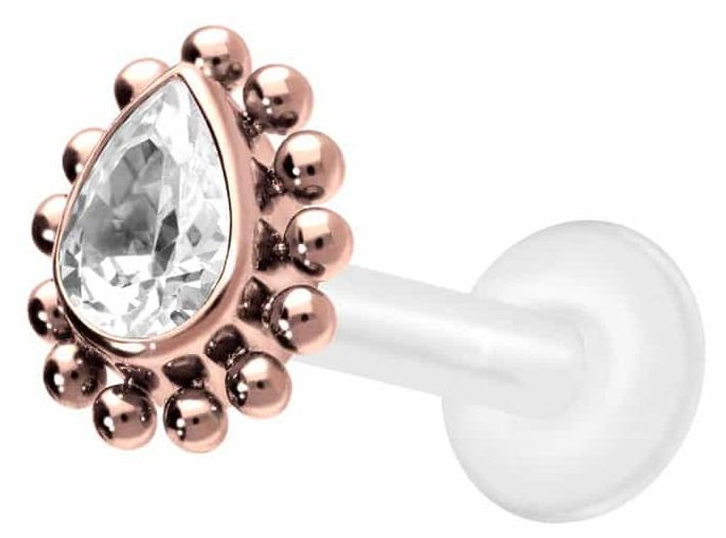 Ohrpiercing, Nasenpiercing PTFE Labret mit Innengewinde + Titan-Aufsatz KRISTALLTROPFEN + KUGELN RoséGold Stablänge: 9mm | Stabstärke: 1,2mm