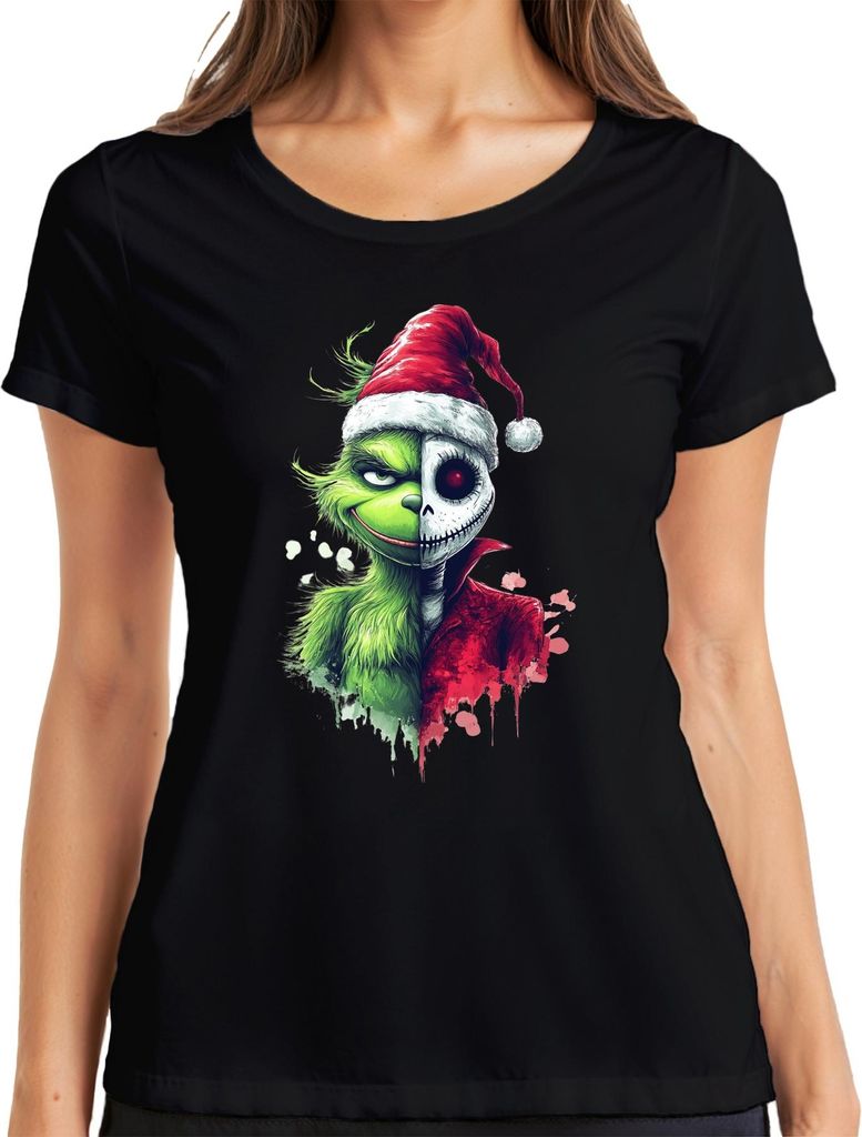 Grinch Jack Skellington Halb Gesicht Weihnachten Horror Geschenk Damen T-Shirt, Schwarz, XL