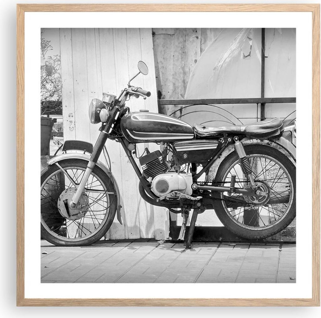 Gerahmtes Poster - Rahmen in heller Eiche - Alt Motorrad Schwarz und Weiß - 60x60 cm - Wand Bild - Wanddeko - Wandbilder - Kunstposter - Wandposte...
