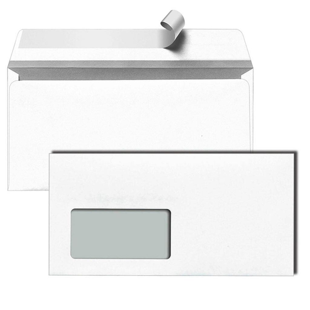 Two white envelopes are shown against a white background. The top envelope is partially open, revealing the adhesive strip. The bottom envelope has a rectangular window.