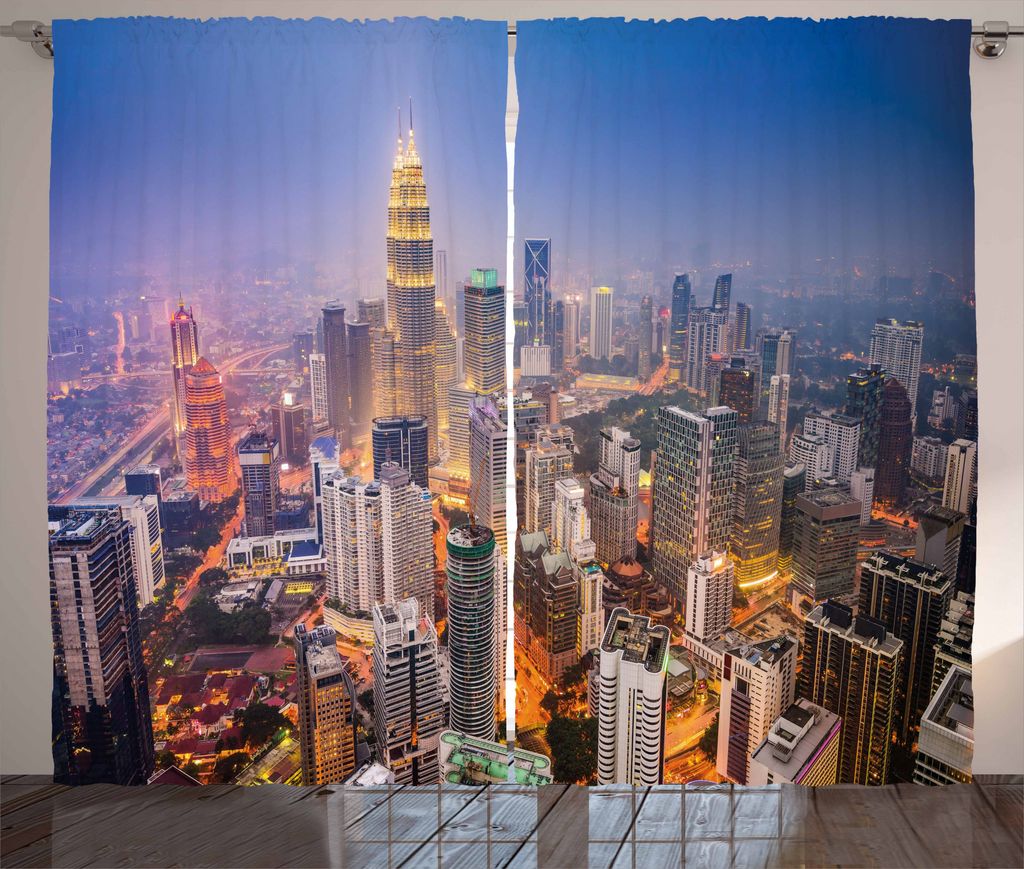 ABAKUHAUS Städtisch Rustikaler Vorhang, Stadt-Skyline-Bezirk, Wohnzimmer Universalband Gardinen mit Schlaufen und Haken, 280 x 175 cm, Orange Gelb...