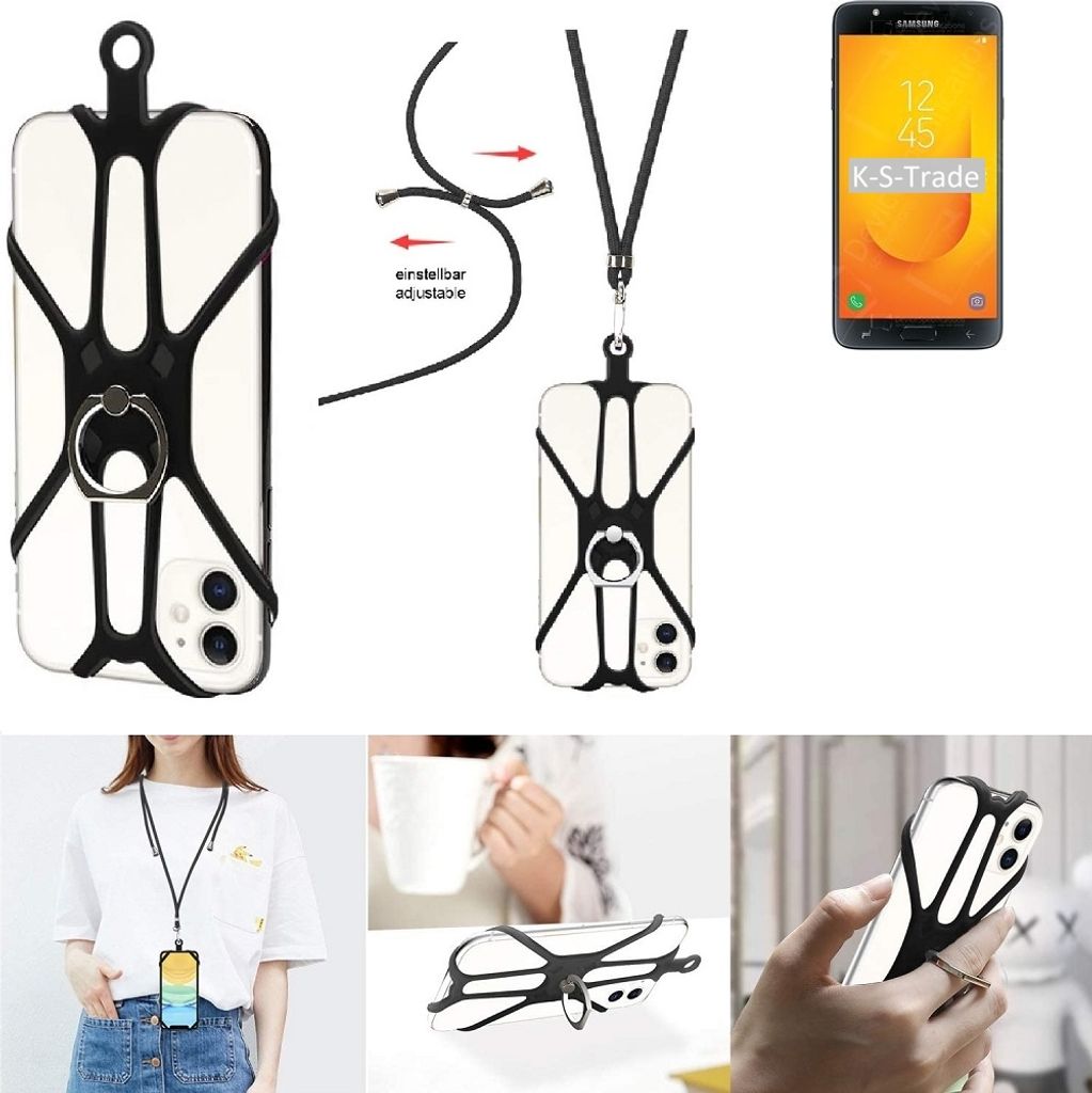K-S-Trade 3in1 Handykette Handyband Handykordel Halsband Smartphone-Ring Handy-Ring kompatibel mit Samsung Galaxy J7 Duo (2018) Fingerhalterung