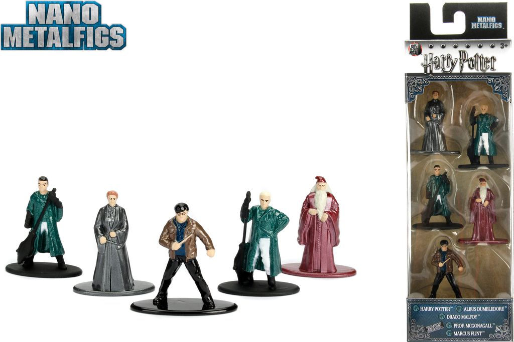 A collage of Harry Potter Nano Metalfigs figures, showing both loose figures and a packaged set.
