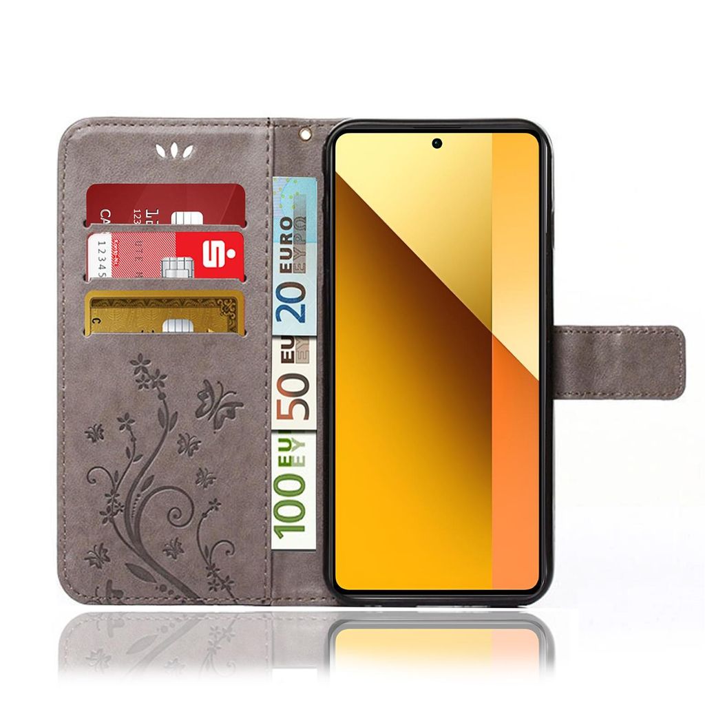 A flip phone case with card slots and a phone inside, displayed against a white background.