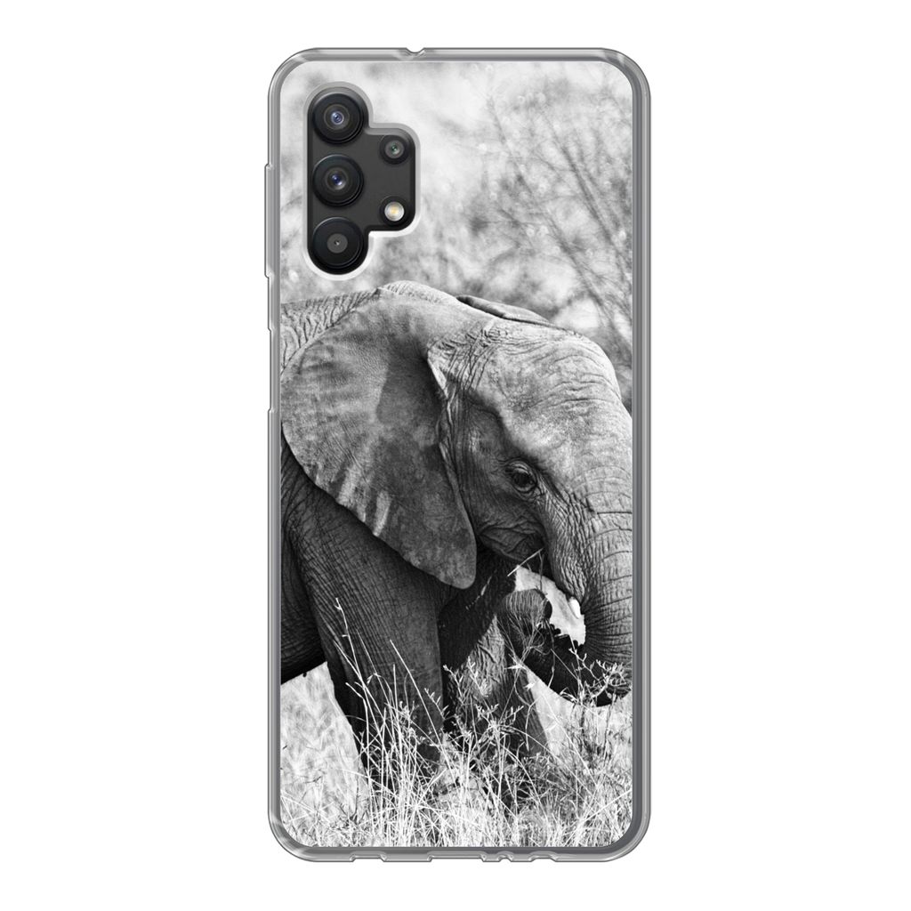 MuchoWow Handyhülle Schutzhülle Hülle für Samsung Galaxy A32 5G Elefant - Tiere - Gras - Schwarz und weiß Silikon Softcase Handy Hülle - So...