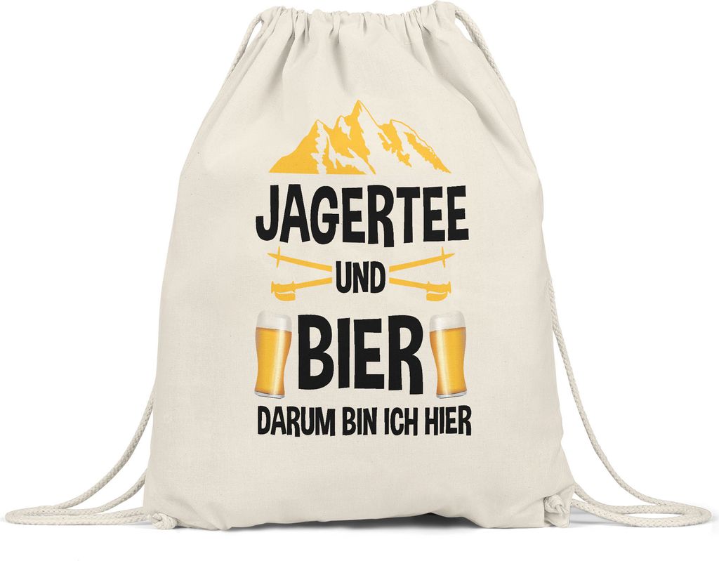 Jagertee und Bier Darum bin ich hier Turnbeutel Gymsack Skifahren Snowboard Lustig Apres Ski Skilehrer