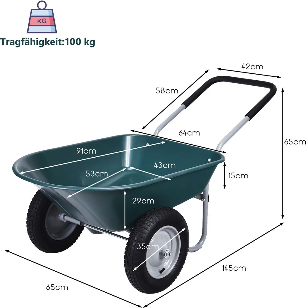 COSTWAY Carriola 2 Ruote 100kg | Design Ergonomico Verde Giardino - 3