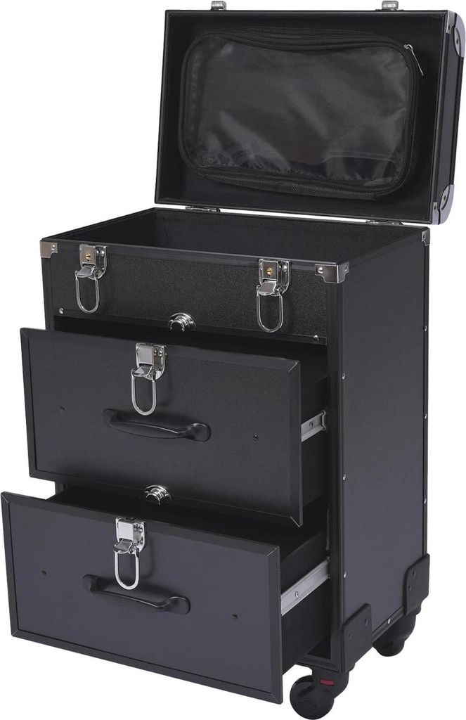 Schminkkoffer mit Rollen - Kosmetiktrolley - Großes Volumen - Abschließbar - Schubladen - Aluminiumlegierung - Für Salon - Schwarz