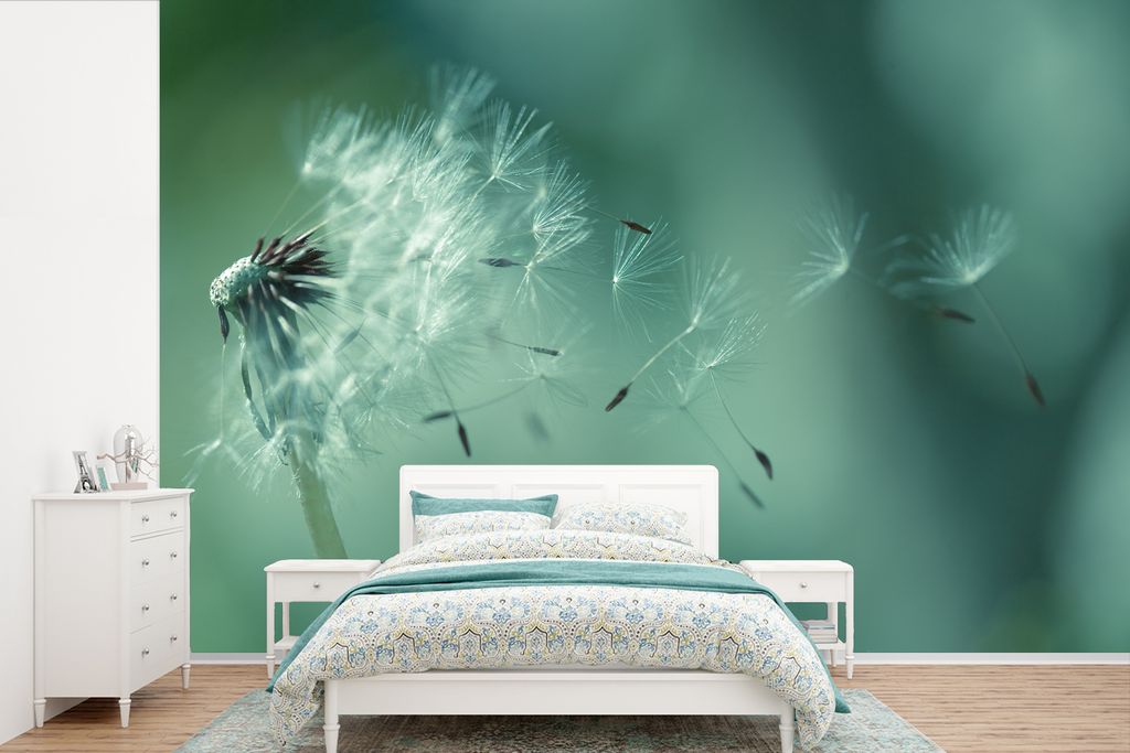 MuchoWow Fototapete für Wohnzimmer oder Schlafzimmer Wandtapete Vinyl Motivtapete Löwenzahn im Wind - 420x280 cm - Zimmer für Kinder