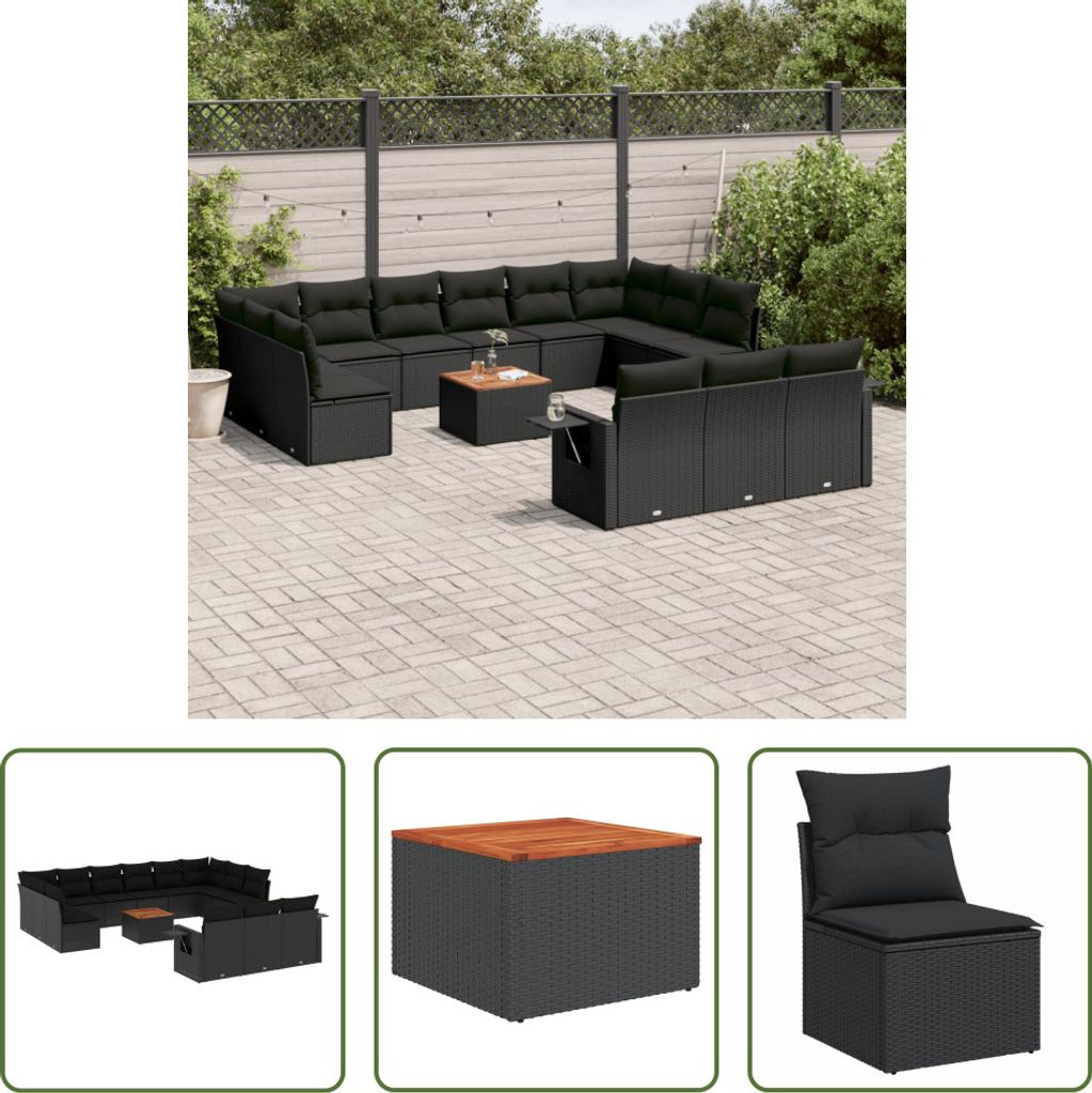 The Living Store 14-tlg. Garten-Sofagarnitur mit Kissen Schwarz Poly Rattan