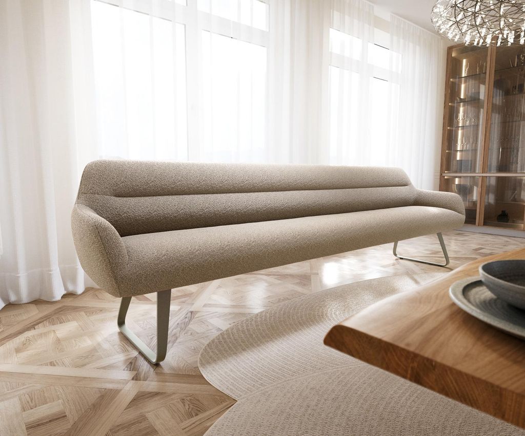 DELIFE Esszimmerbank Taya-Flex 300 cm Bouclé Schlamm Kufengestell flach Effektfinish Titan Taschenfederkern
