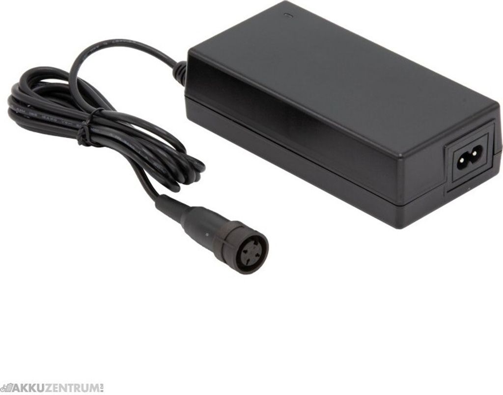 A black e-bike battery charger with a coiled cable and a multi-pin connector.