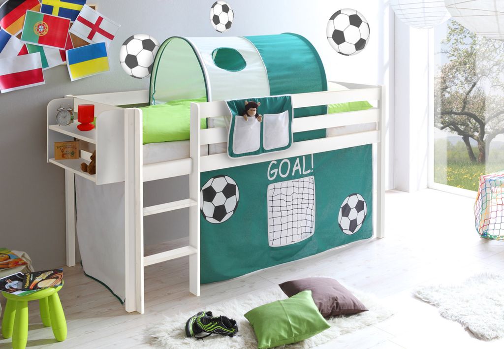 Hochbett Spielbett Malte Kiefer massiv Weiss, Vorhangstoff:Goal