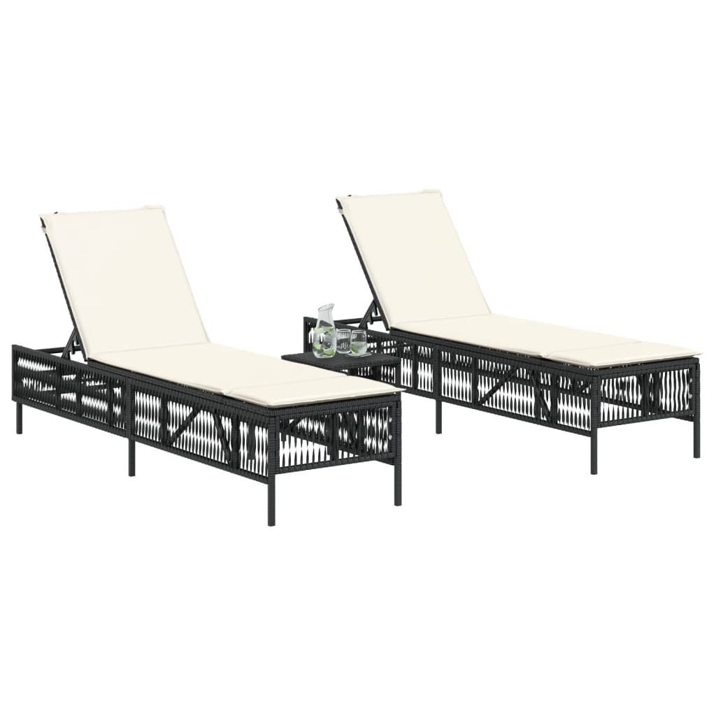 "im Sonderangebot"Sonnenliege HOMMIE - Gartenliege - Gartenmöbel - 2 Stk. mit Tisch Schwarz Poly Rattan - 198x55x39/52/65/77/88/96 cm DEMöbel 916...