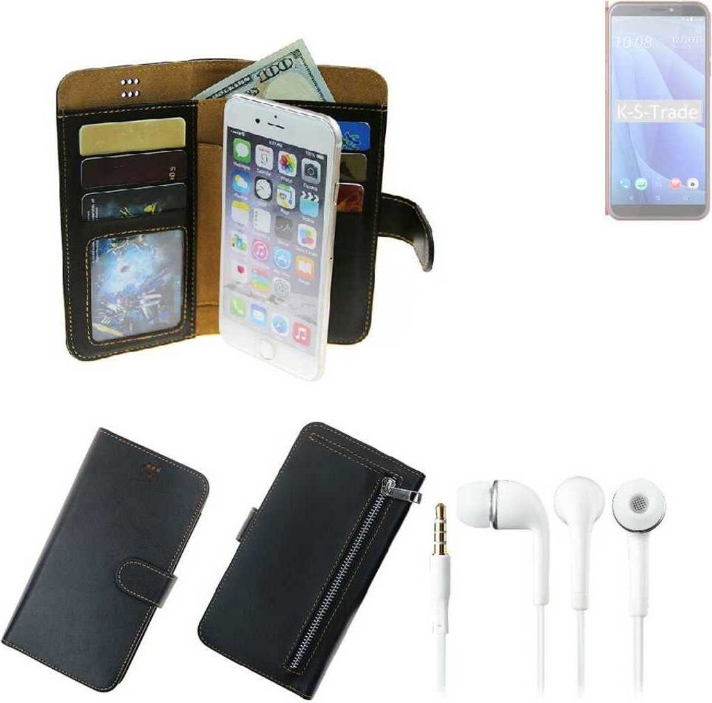 TOP SET Handy Hülle Schutz Hülle kompatibel mit HTC Desire 12s schwarz aus Kunstleder + Kopfhörer Smartphone Tasche vollwertige Geldbörse